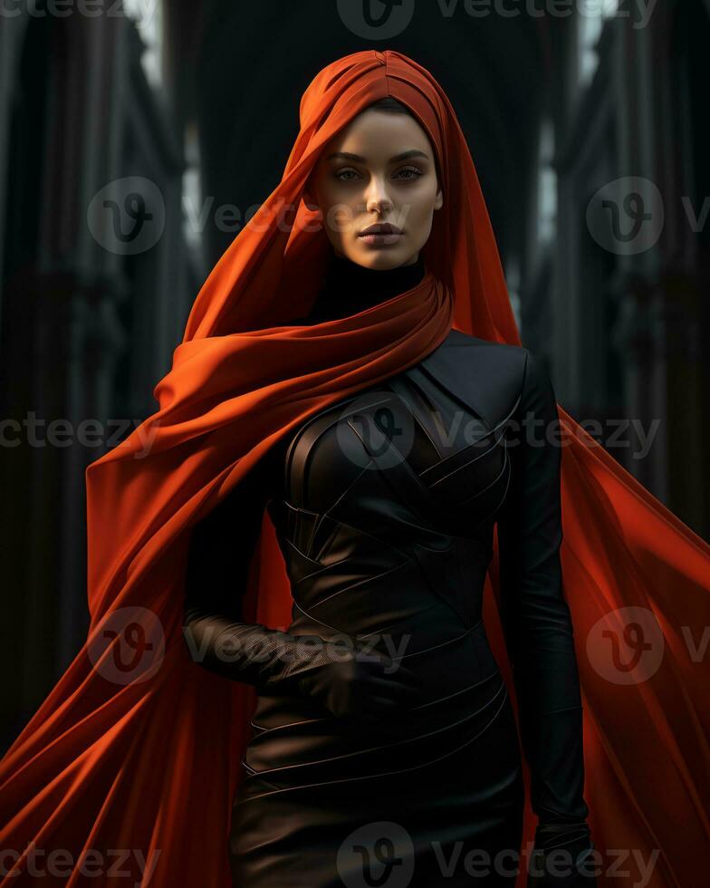 a woman in a black dress and red cloak generative ai photo