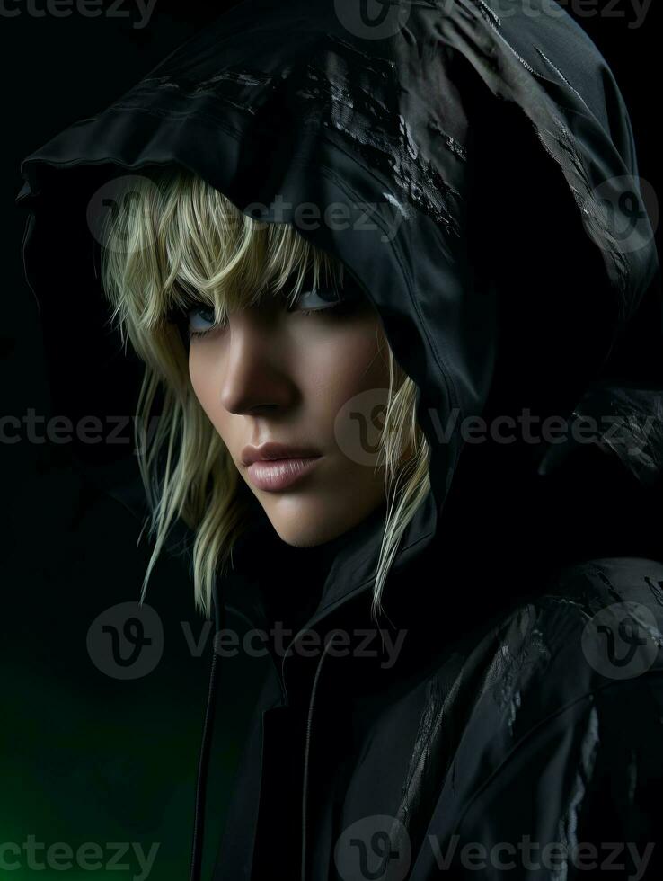a woman in a black hoodie and jacket generative ai photo
