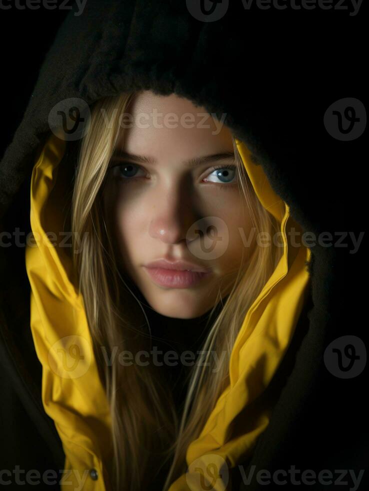 a woman in a black hoodie with a yellow hood generative ai photo