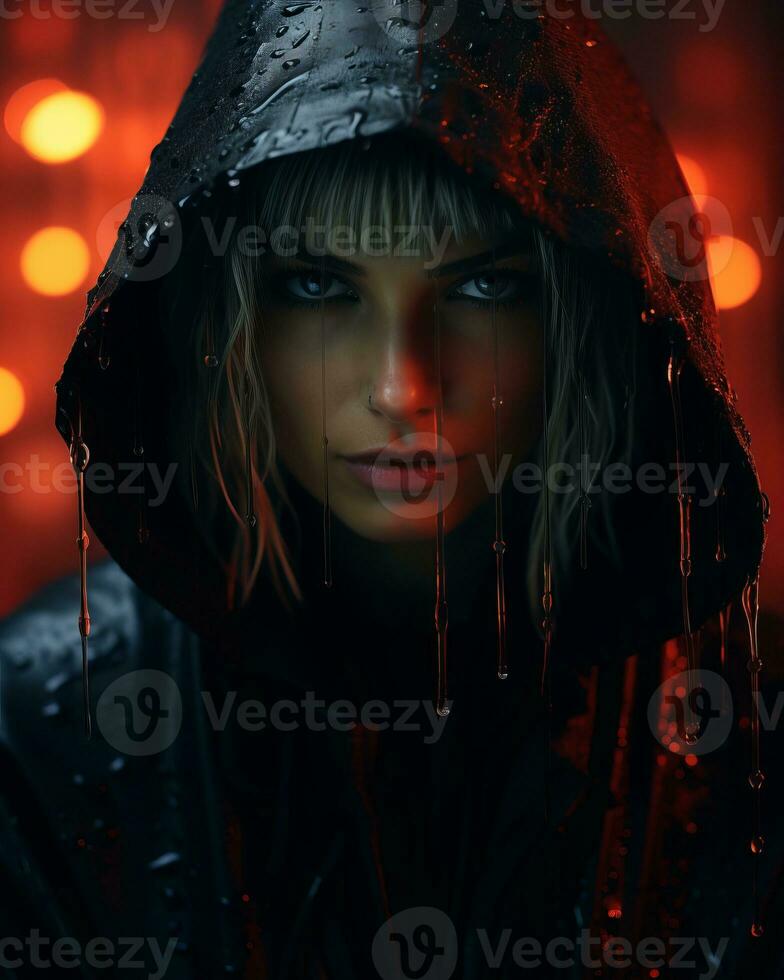 a woman in a black hoodie with rain drops on her face generative ai photo