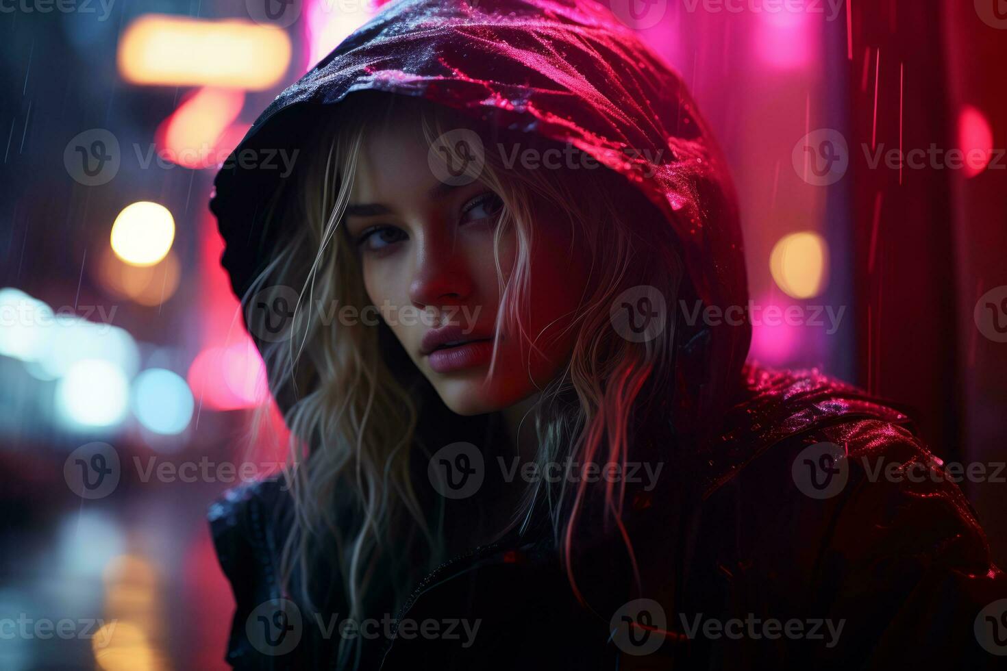 a woman in a black hoodie standing in the rain generative ai photo