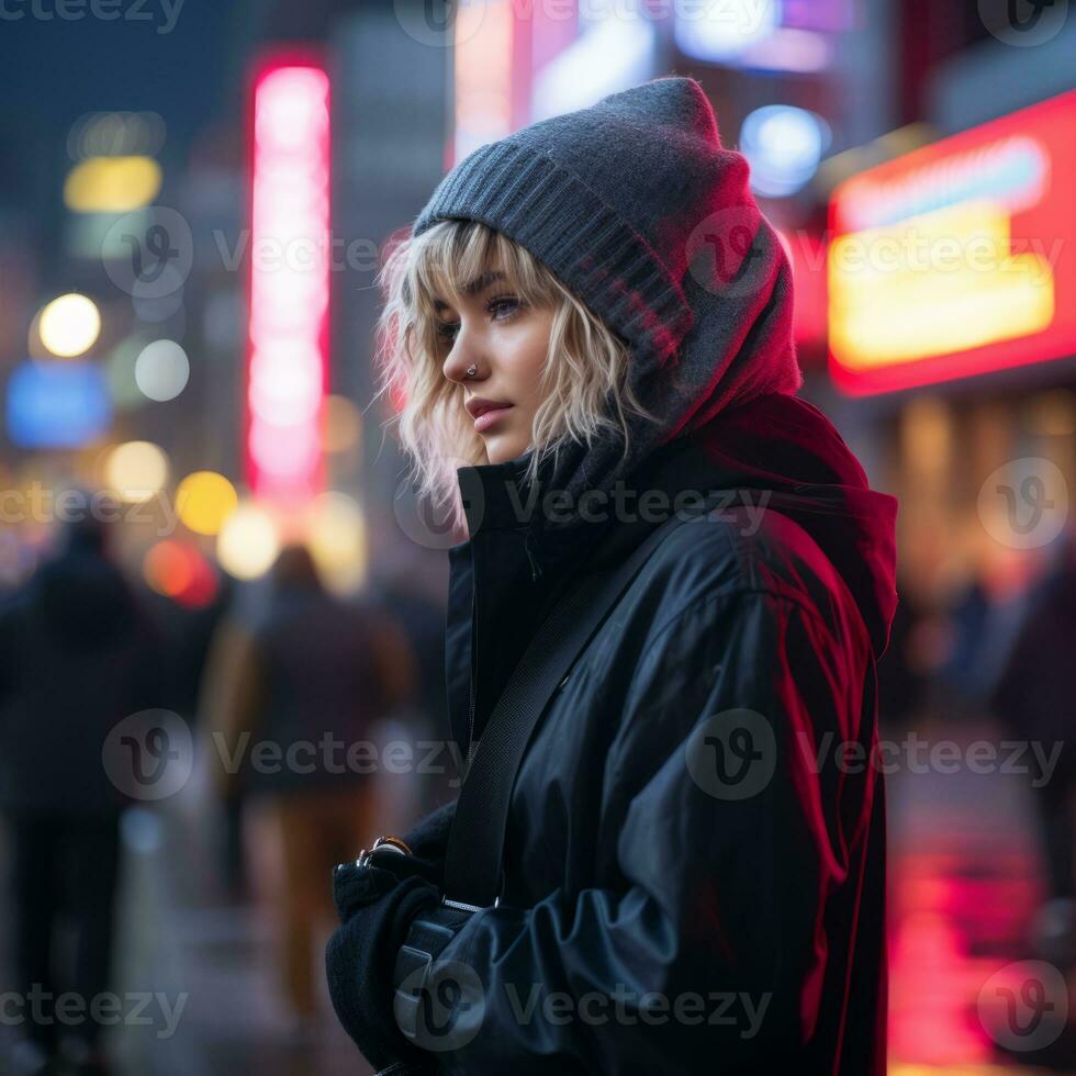 a woman in a black jacket and beanie standing on a city street at night generative ai photo