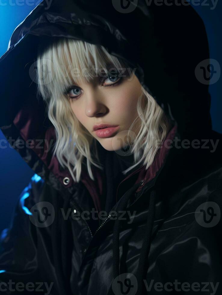 a woman in a black jacket and hoodie generative ai photo