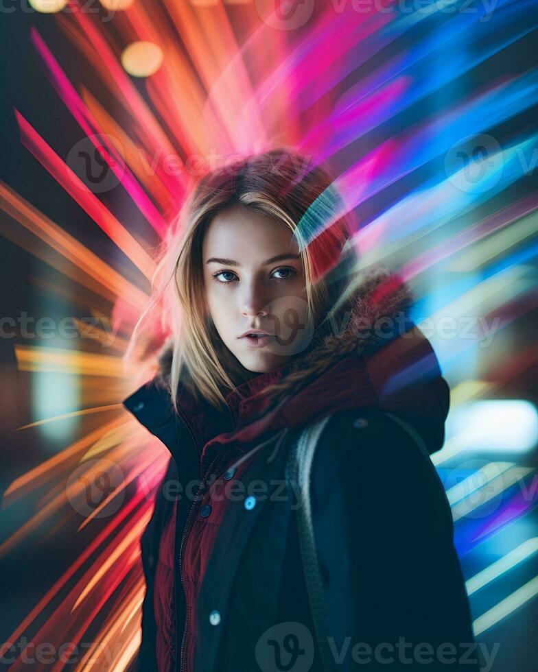 a woman in a black jacket is standing in front of a colorful light generative ai photo