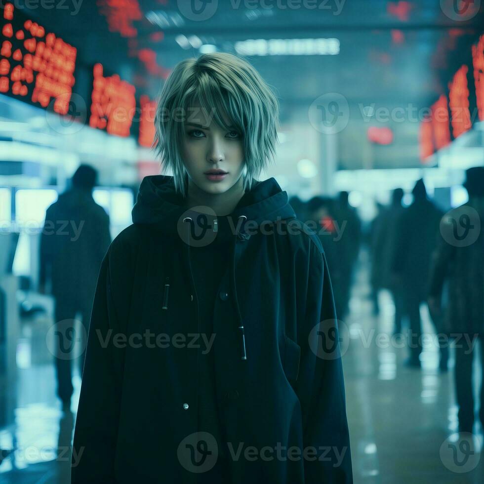 a woman in a black jacket standing in an airport generative ai photo