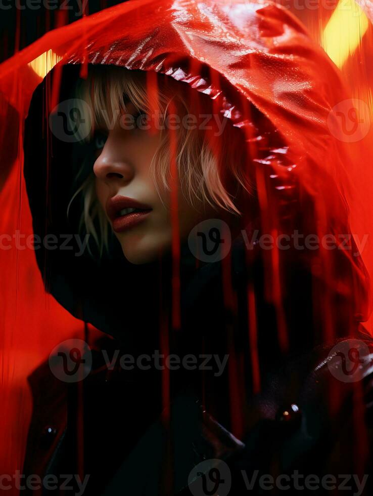 a woman in a black jacket and red hoodie generative ai photo
