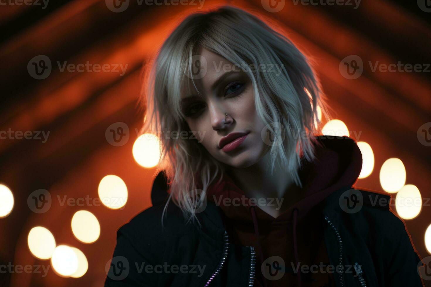a woman in a black jacket and red hoodie standing in front of lights generative ai photo
