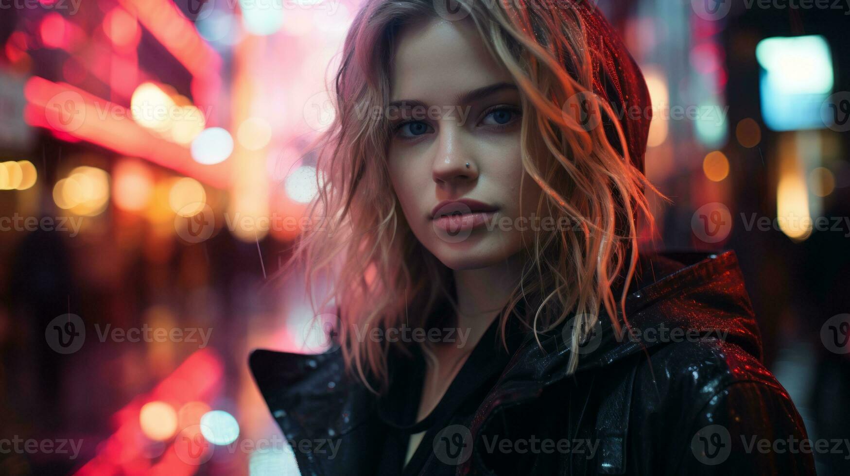 a woman in a black jacket standing in front of a city street at night generative ai photo