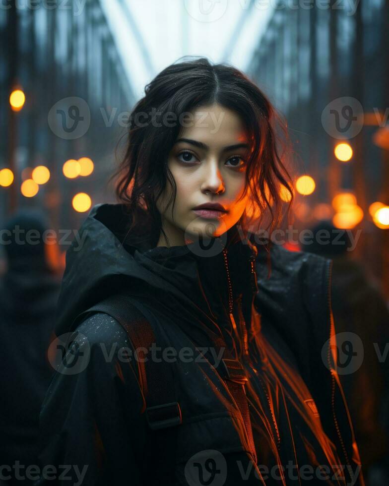 a woman in a black jacket standing in front of a crowd of people generative ai photo