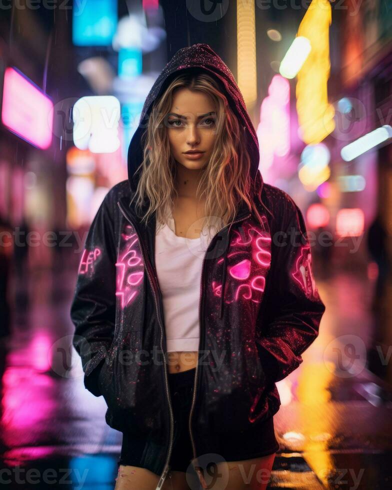 a woman in a black jacket and shorts standing in the rain at night generative ai photo