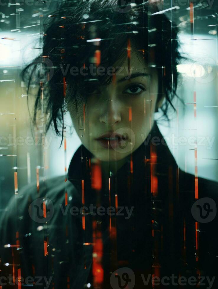 a woman in a black jacket standing in front of red lights generative ai photo