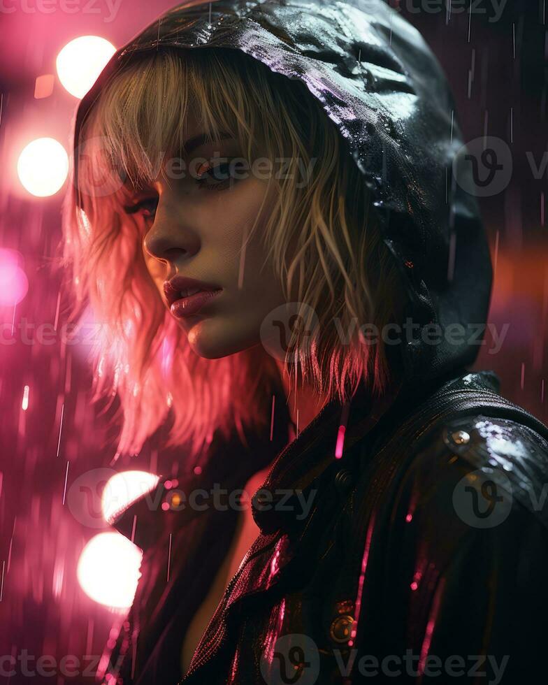 a woman in a black jacket standing in the rain generative ai photo