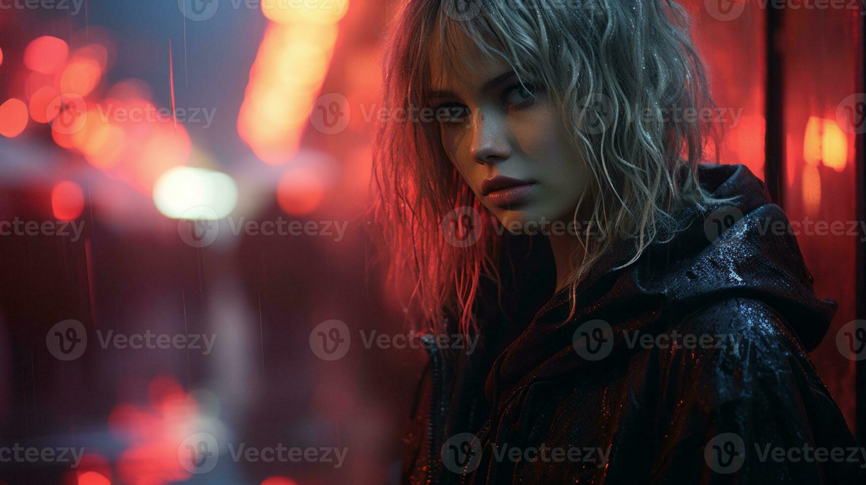 a woman in a black jacket standing in front of red lights generative ai photo