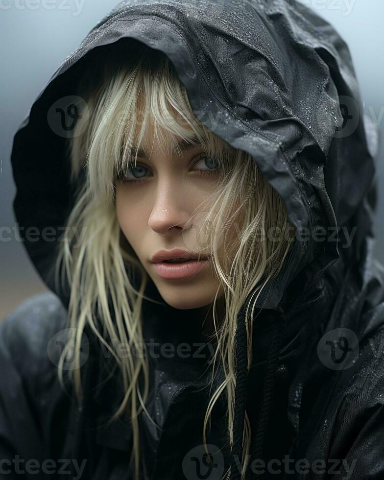 a woman in a black jacket with wet hair generative ai photo