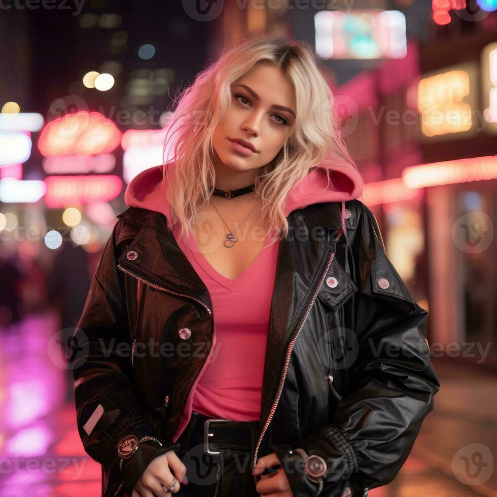 a woman in a black leather jacket and pink top standing in front of neon lights generative ai photo