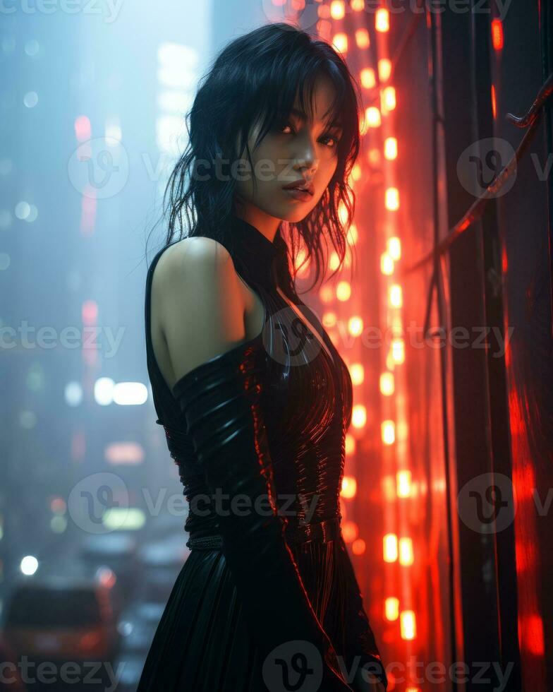 a woman in a black leather dress standing in front of red neon lights generative ai photo