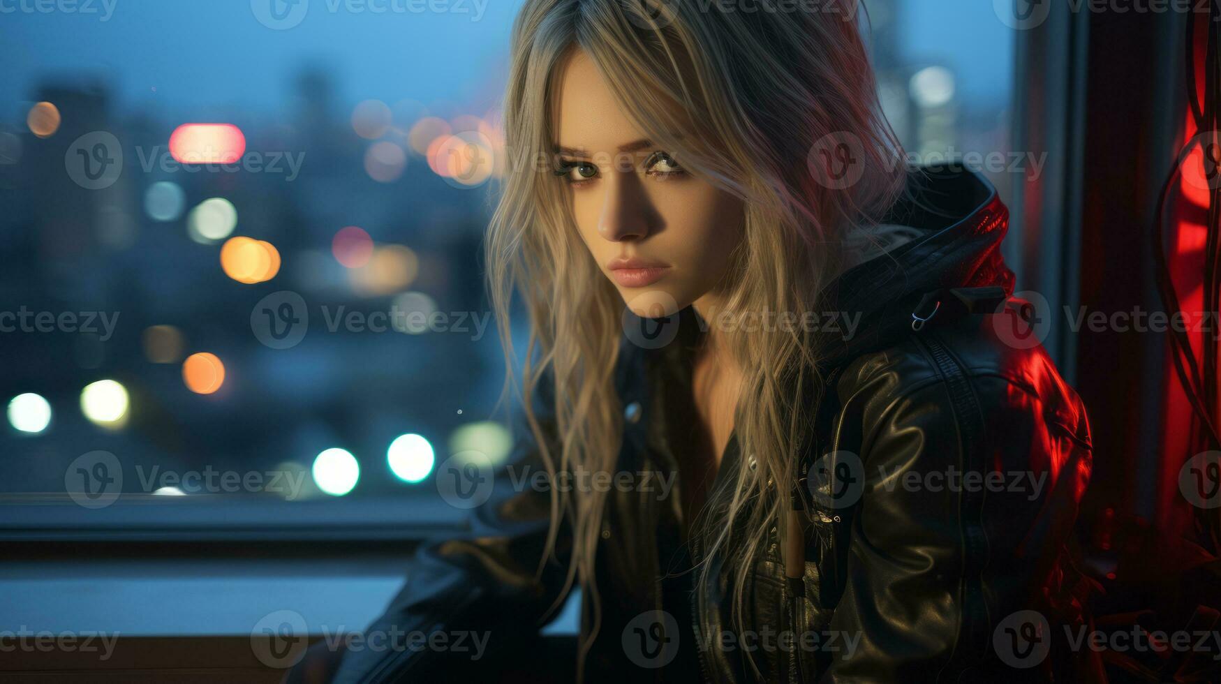 a woman in a black leather jacket sitting in front of a window with city lights in the background generative ai photo
