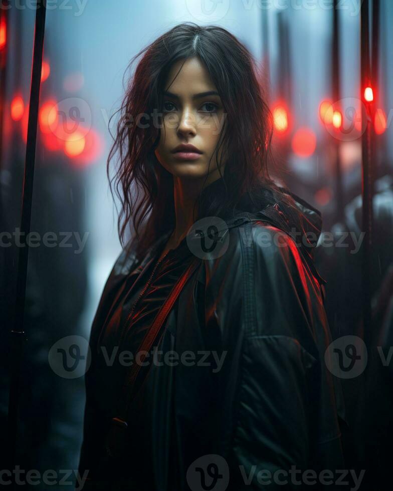 a woman in a black leather jacket standing in front of a group of people with red lights generative ai photo