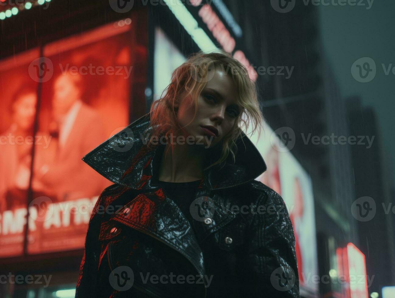a woman in a black leather jacket standing in front of a building generative ai photo
