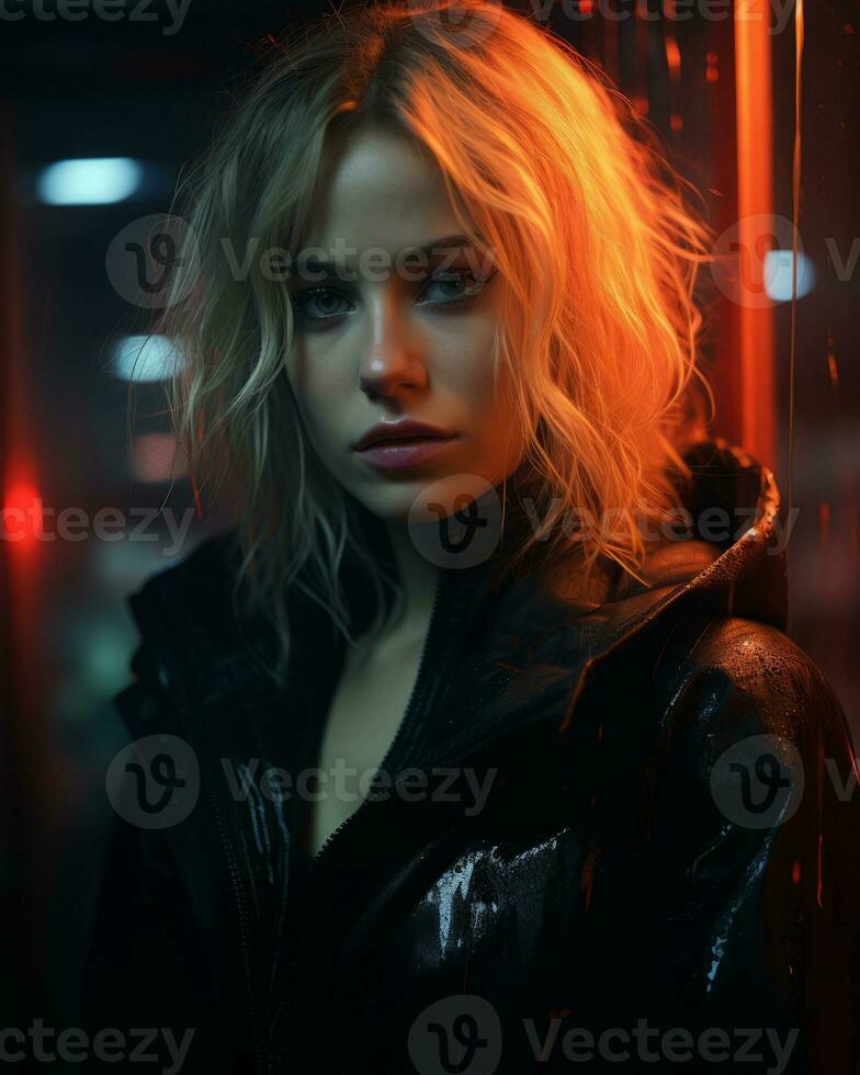 a woman in a black leather jacket standing in front of a red light generative ai photo