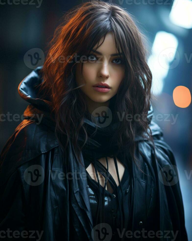a woman in a black leather jacket standing in the dark generative ai photo