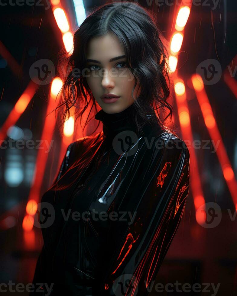 a woman in a black leather outfit with red lights generative ai photo