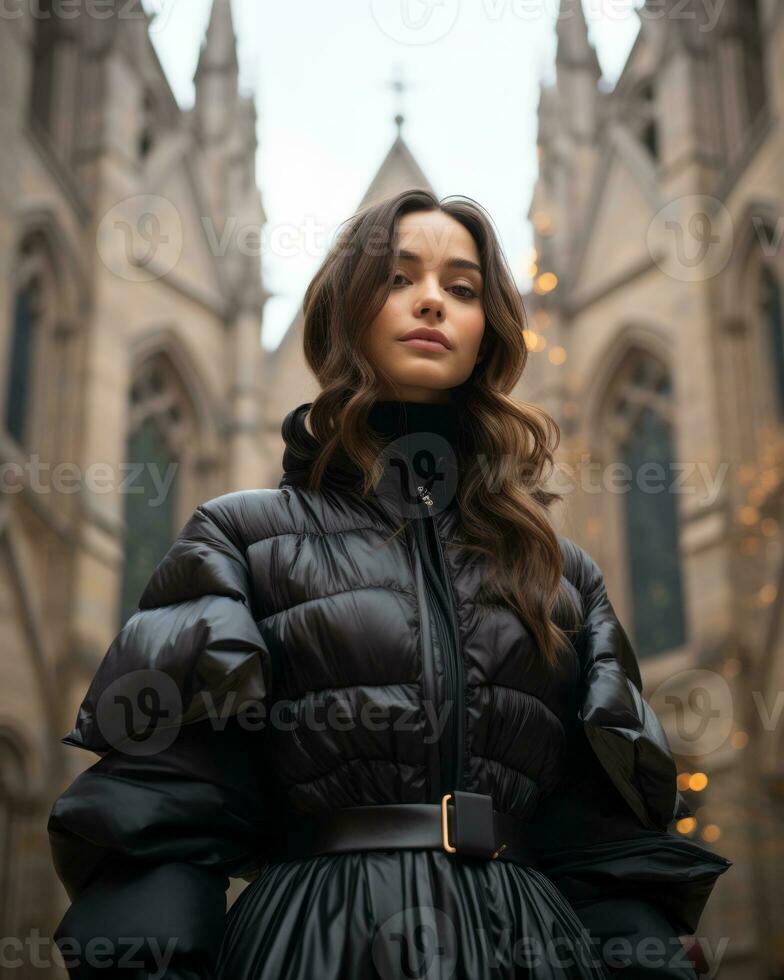 a woman in a black puffy coat standing in front of a church generative ai photo