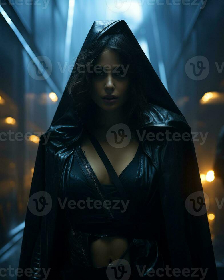 a woman in a black leather outfit standing in a dark hallway generative ai photo