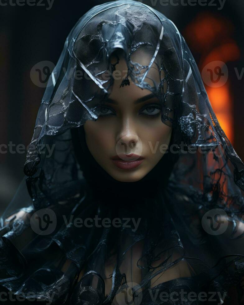 a woman in a black veil and hooded dress generative ai photo