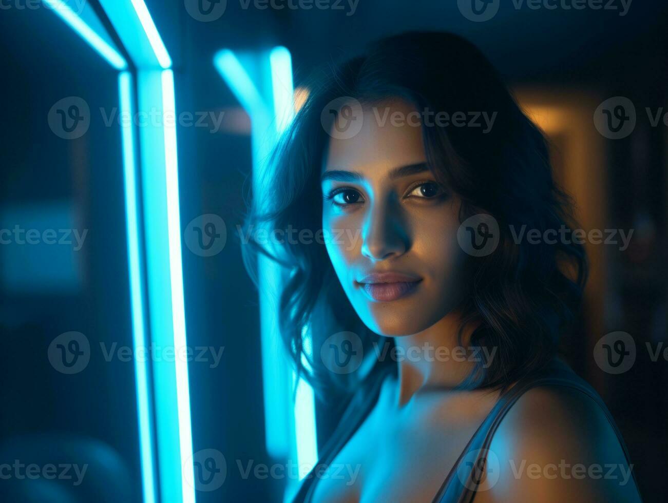 a woman in a dark room with neon lights generative ai photo