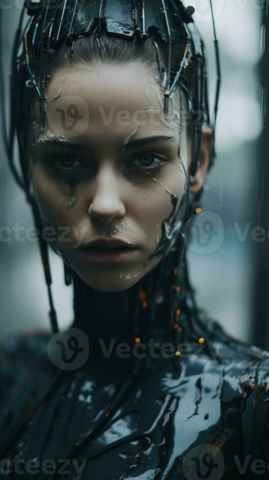 a woman in a cyber suit with wires on her head generative ai photo