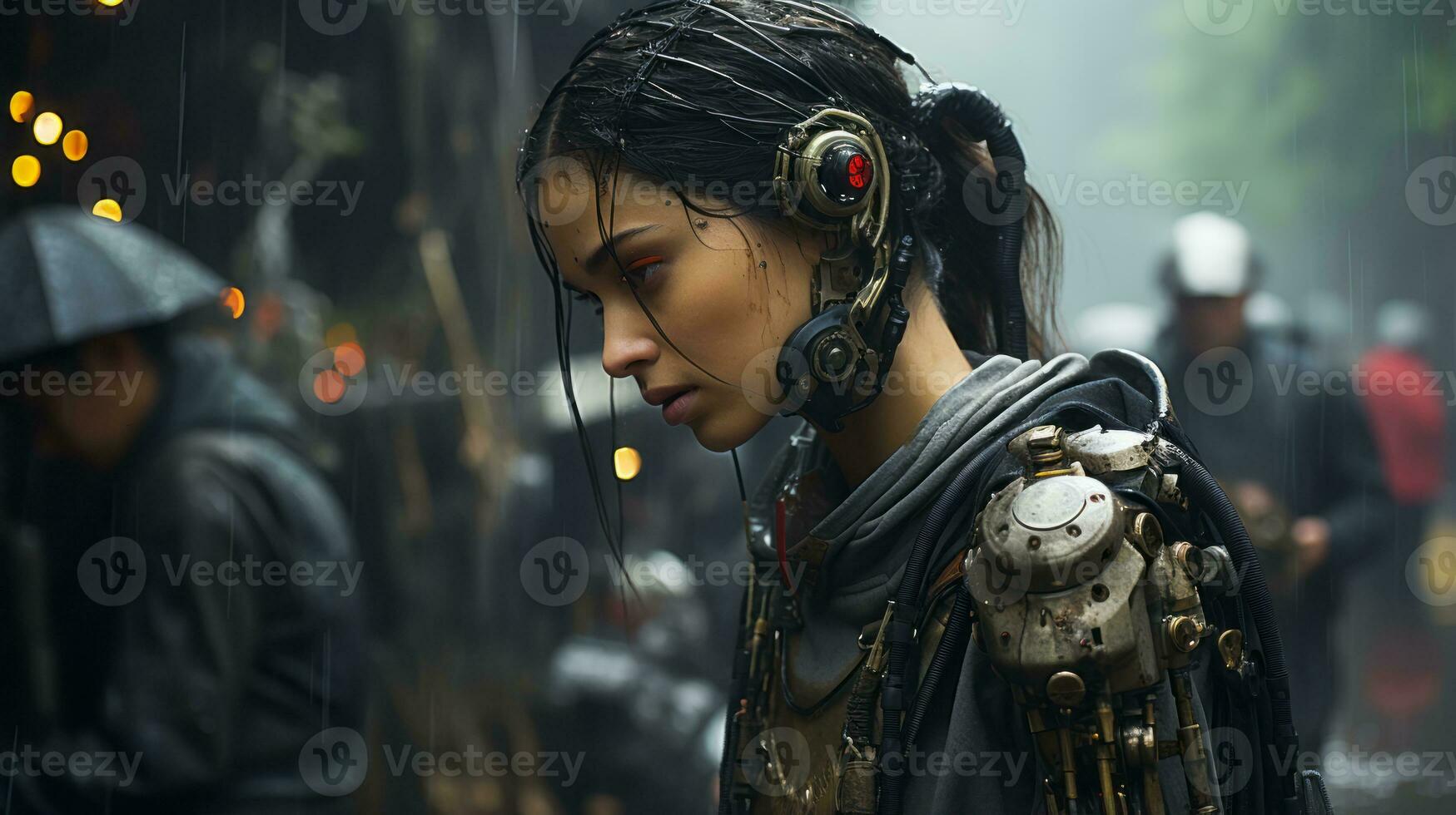 a woman in a futuristic costume standing in the rain generative ai photo