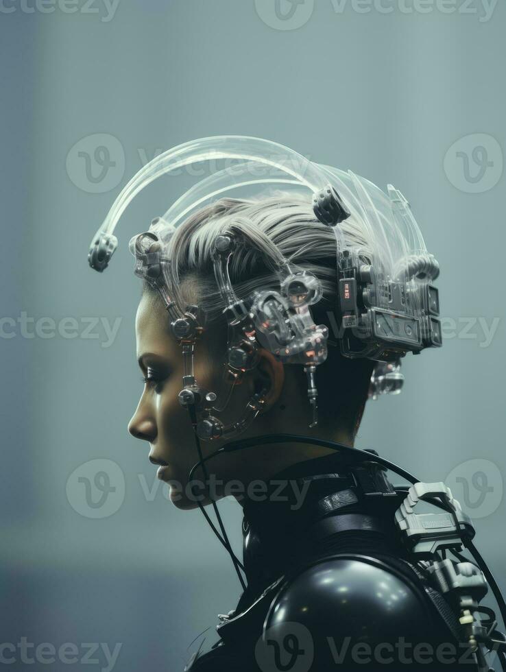a woman in a futuristic suit with wires attached to her head generative ai photo