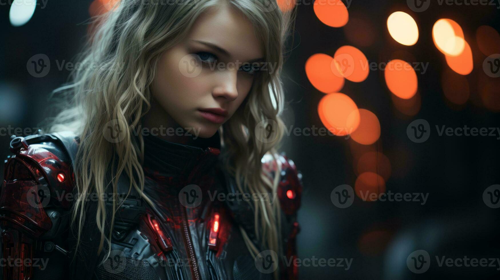 a woman in a futuristic suit with red lights on her face generative ai photo