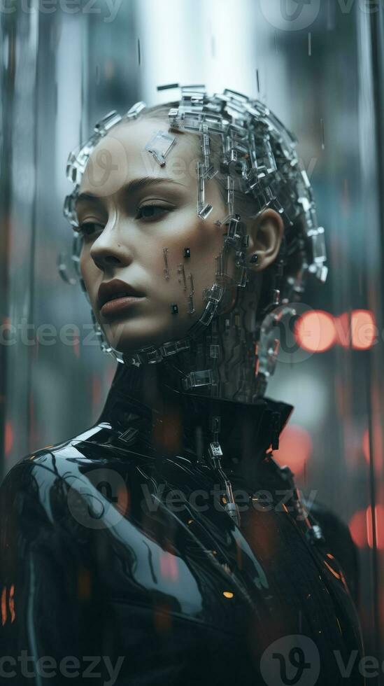a woman in a futuristic suit with a lot of metal on her face generative ai photo