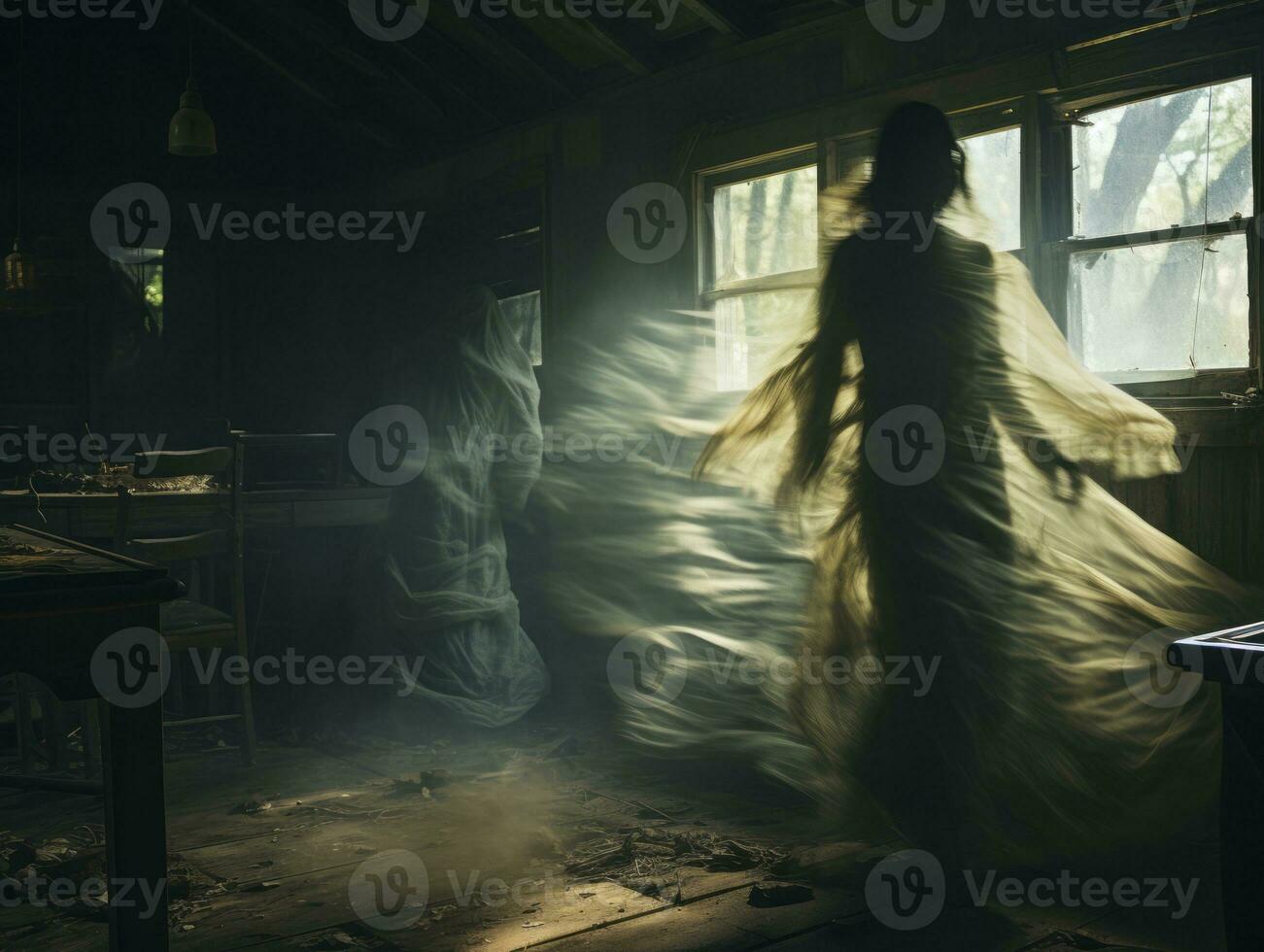 un mujer en un fantasmal vestir es en pie en un oscuro habitación generativo ai foto