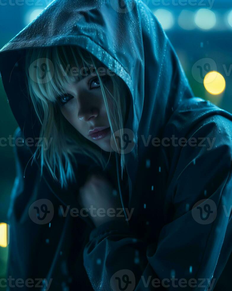 a woman in a hooded jacket standing in the rain generative ai photo