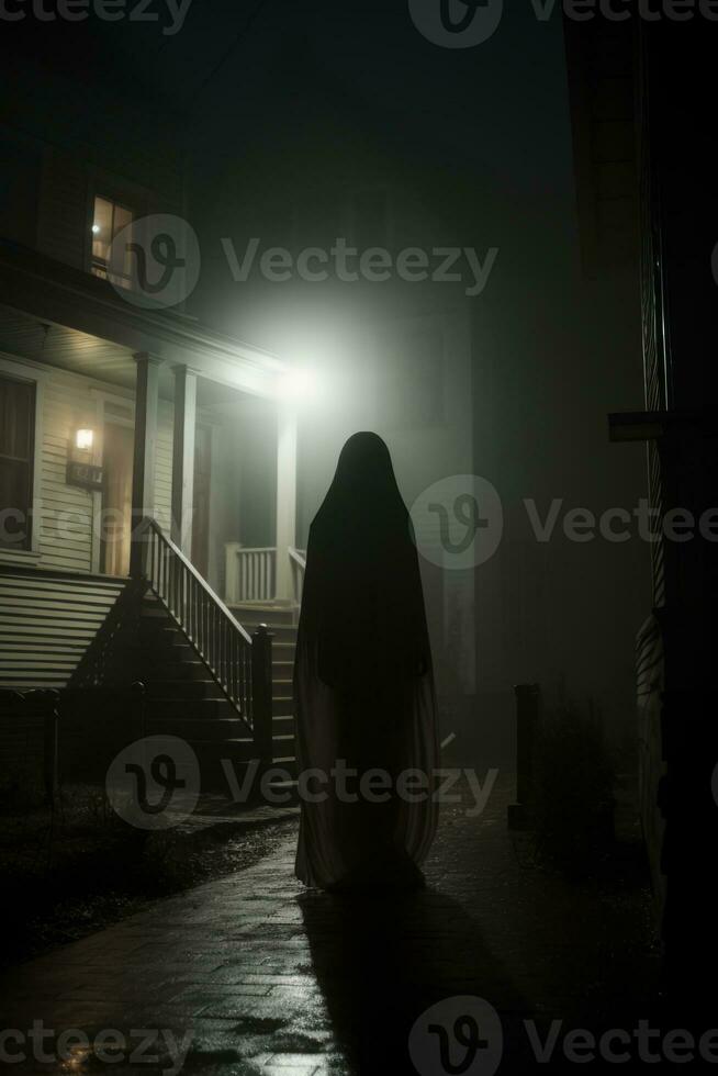 a woman in a hooded robe walks down a dark street at night generative ai photo