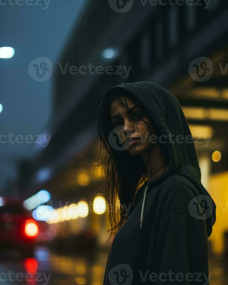 a woman in a hoodie standing on a street at night generative ai photo
