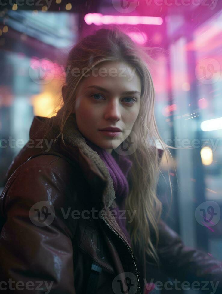 a woman in a jacket and scarf sitting on a bench in front of neon lights generative ai photo