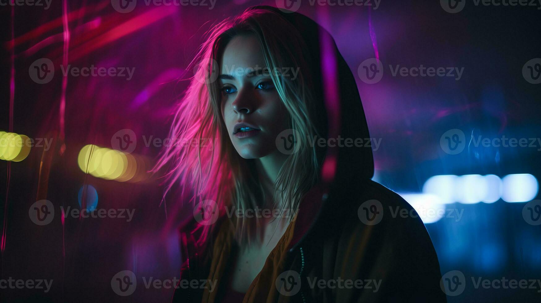 a woman in a hoodie standing in front of neon lights generative ai photo