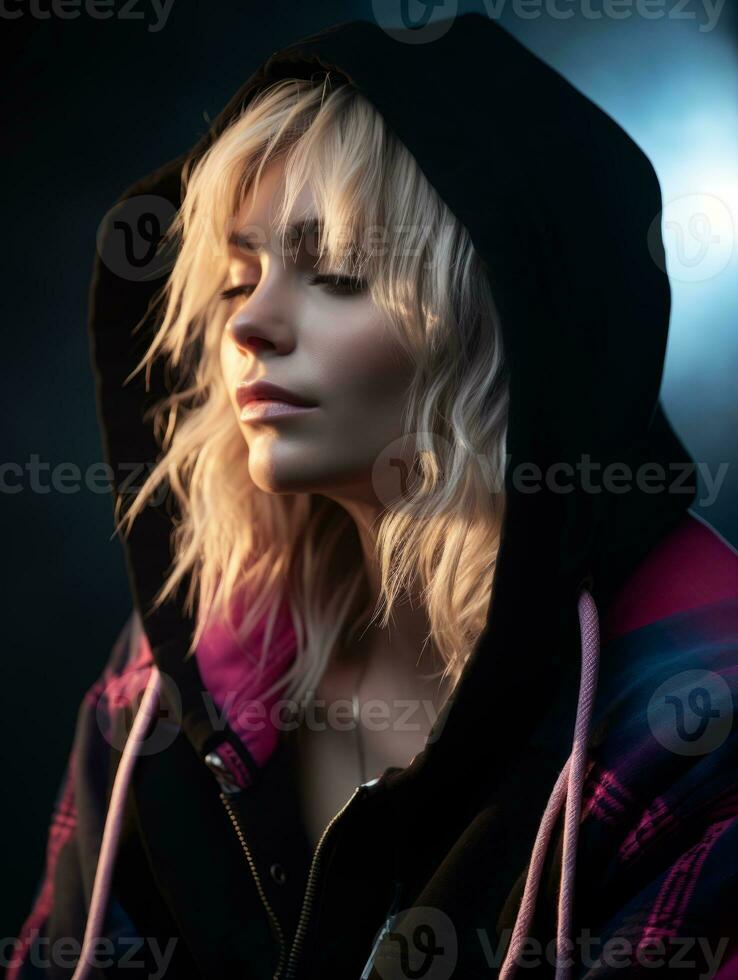 a woman in a hoodie with her eyes closed generative ai photo