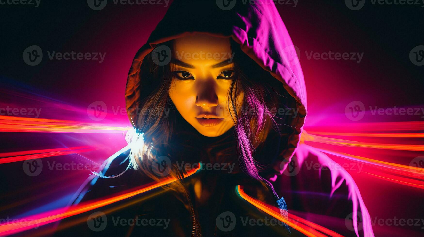 a woman in a hoodie with neon lights generative ai photo