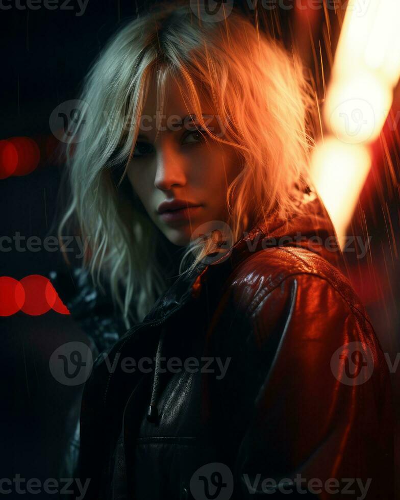 a woman in a leather jacket standing in the rain generative ai photo