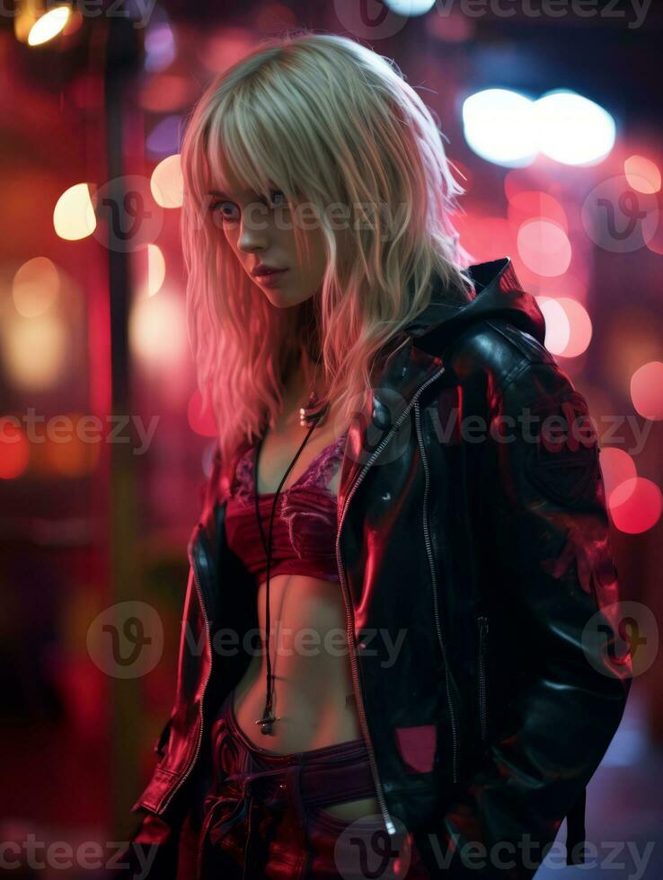 a woman in a leather jacket standing in front of a red light generative ai photo
