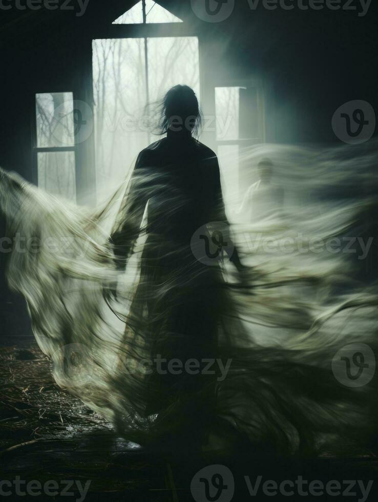 a woman in a long dress is standing in front of a window generative ai photo