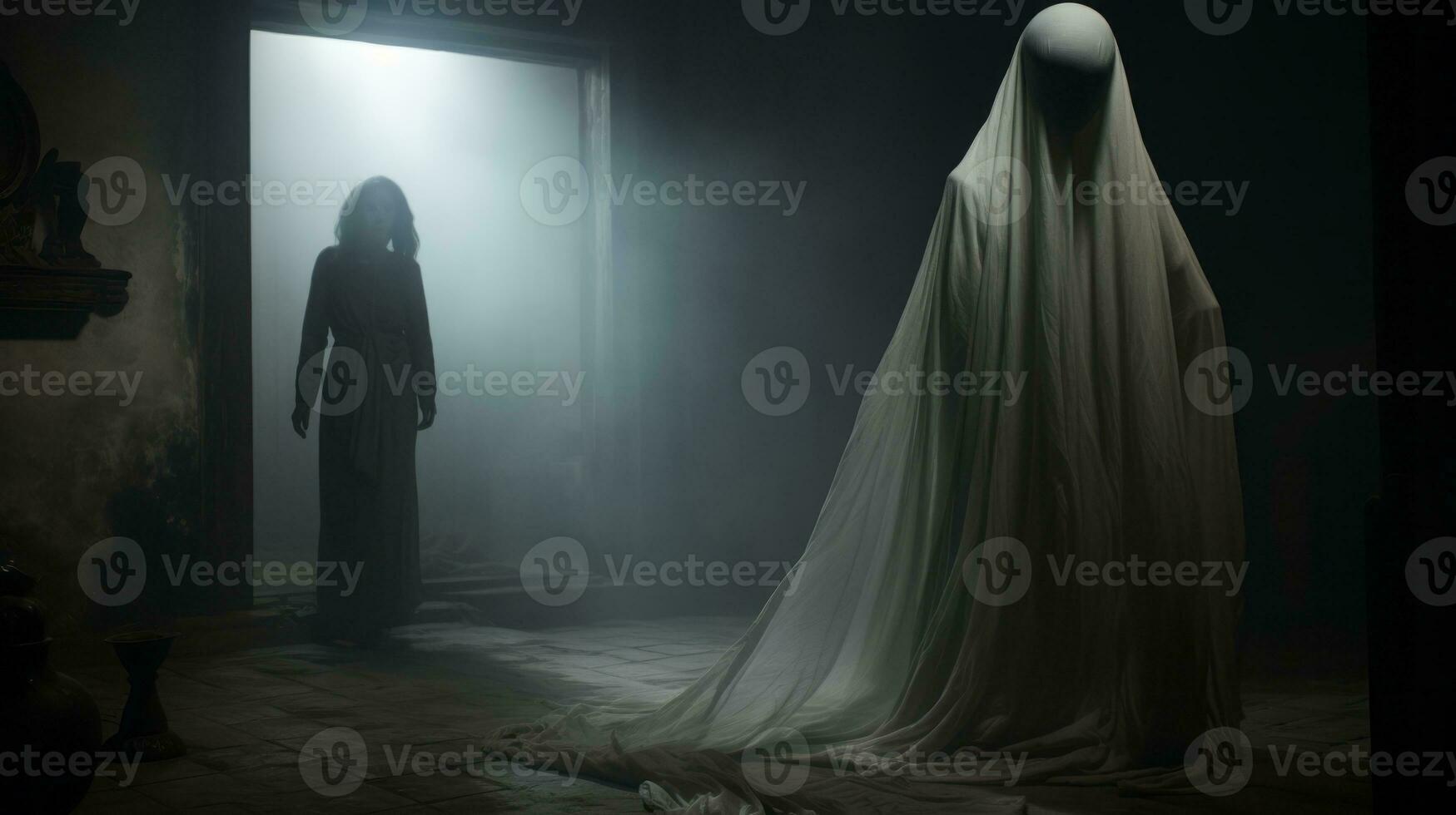 a woman in a long white dress standing in a dark room generative ai photo