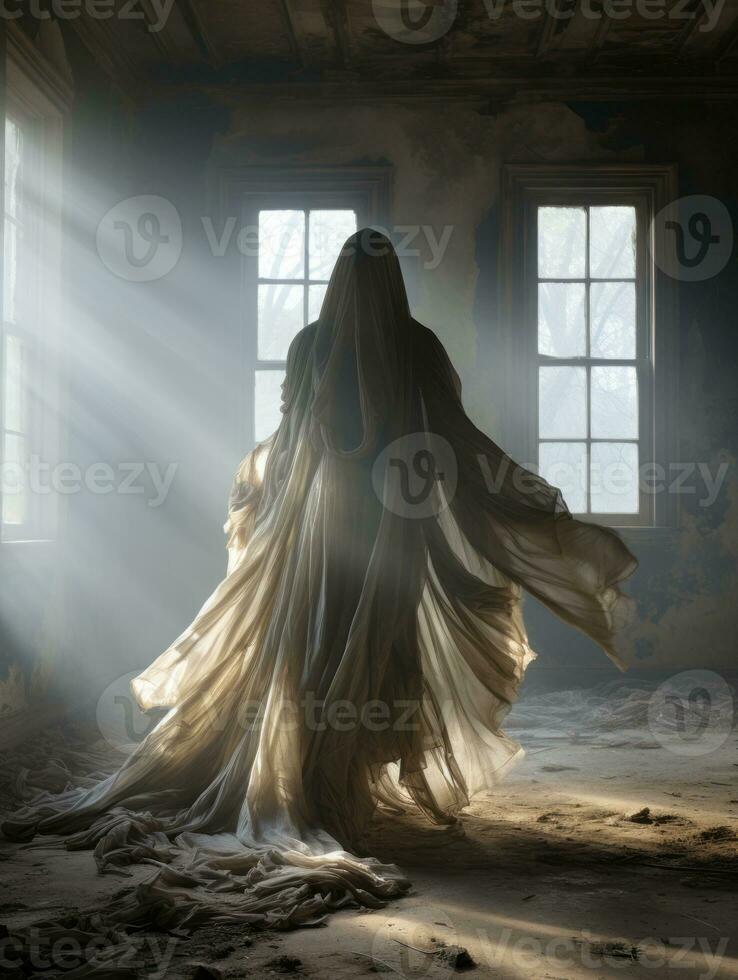 a woman in a long white dress is standing in an empty room generative ai photo