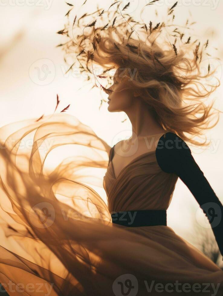 a woman in a long dress with her hair blowing in the wind generative ai photo