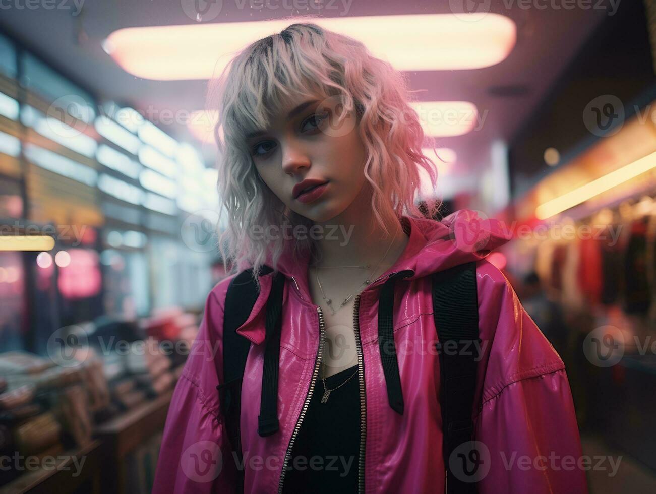 a woman in a pink jacket standing in front of a store generative ai photo